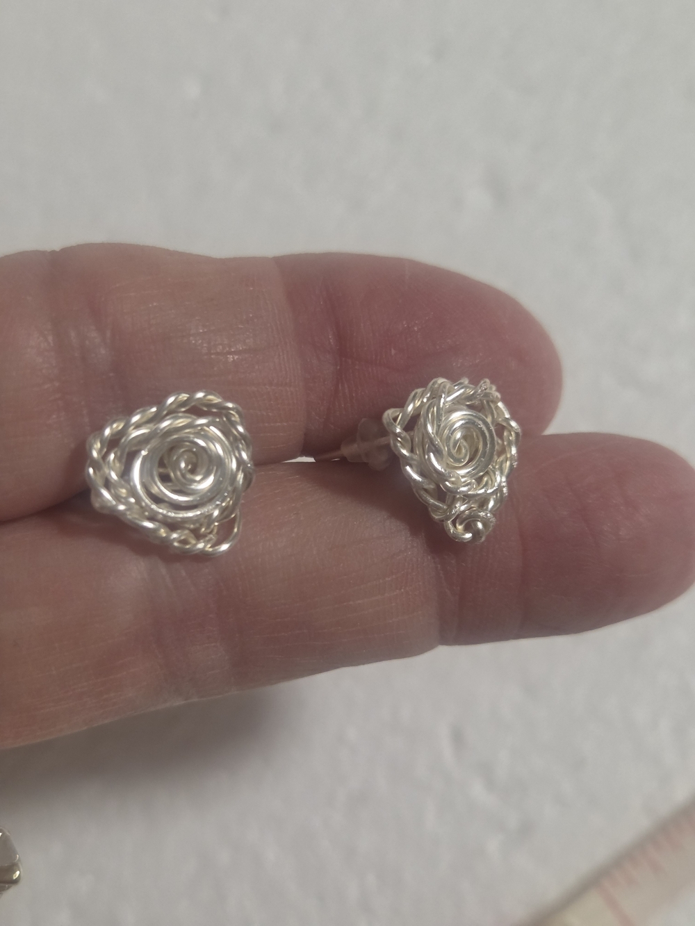 Handcrafted Silver Triangle Rose Knot Stud Earrings - Unbranded